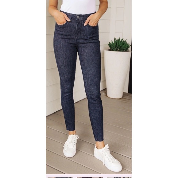 Judy Blue Denim - Judy Blue Tummy Control Skinny High Waist Jeans Raw Hem Dark Wash Sz 26